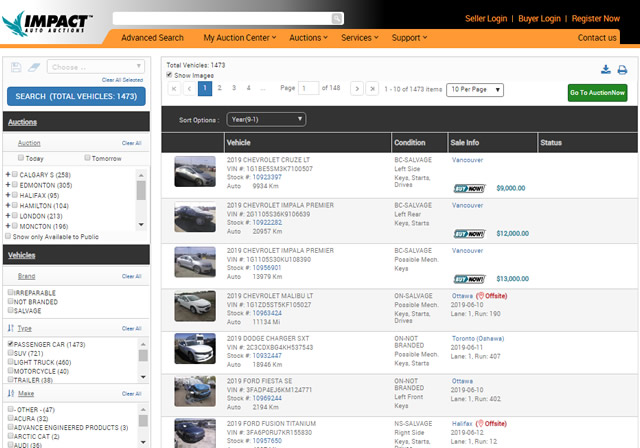 Скриншот сайта канадского авто аукциона Impactauto